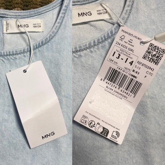 NWT Mango Denim Blouse Top Ruffle Trim Girls Size 13-14 Tween Kids Brand New - Picture 3 of 4